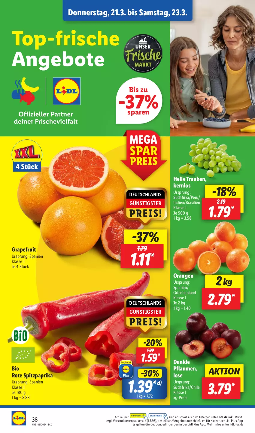 Aktueller Prospekt Lidl - Aktionsprospekt - von 18.03 bis 23.03.2024 - strona 50 - produkty: angebot, angebote, bio, coupon, eis, elle, grapefruit, ndk, orange, orangen, paprika, pflaume, pflaumen, reis, Schal, Schale, Spitzpaprika, Ti, trauben