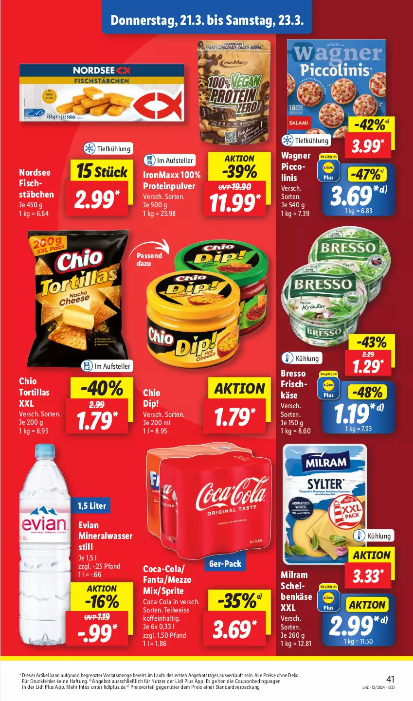 Aktueller Prospekt Lidl - Aktionsprospekt - von 18.03 bis 23.03.2024 - strona 53 - produkty: Alwa, angebot, bresso, coca-cola, cola, coupon, dip, eis, elle, fanta, fisch, fischstäbchen, frischkäse, Käse, Mezzo Mix, milram, mineralwasser, Mineralwasser Still, Nordsee, piccolinis, preisvorteil, reis, sprite, teller, Ti, tortilla, tortillas, wagner, wasser, ZTE