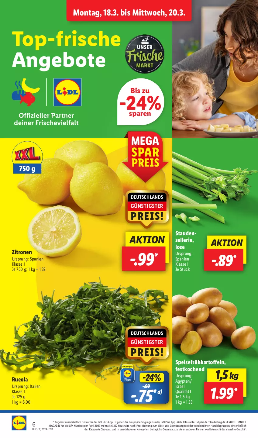 Aktueller Prospekt Lidl - Aktionsprospekt - von 18.03 bis 23.03.2024 - strona 6 - produkty: angebot, angebote, cola, coupon, discount, eis, elle, frucht, Frühkartoffeln, kartoffel, kartoffeln, magazin, obst, pril, reis, rucola, speisefrühkartoffeln, stauden, Ti, und gemüse, zitrone, zitronen