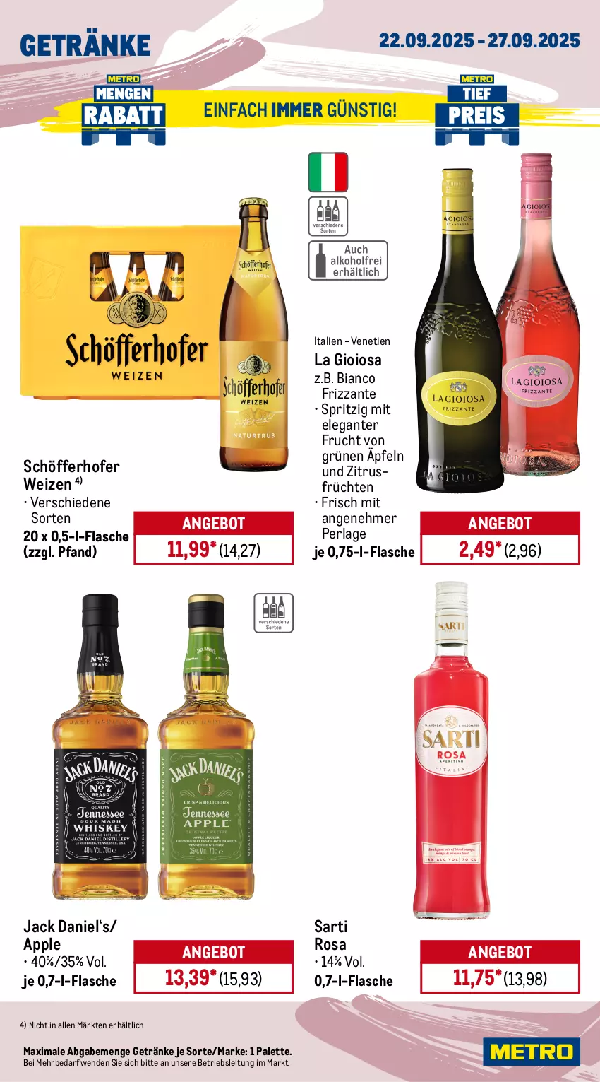 Aktueller Prospekt Metro - Wochen-Angebote Gastro - von 22.09 bis 27.09.2025 - strona 14 - produkty: angebot, Apple, beere, beeren, decke, eis, flasche, frizzante, frucht, früchte, früchten, getränk, getränke, holunder, jack daniel, La Gioiosa, Metro, nuss, Palette, perla, primitivo, reis, Ria, rum, schöfferhofer, Spektrum, Ti, wein