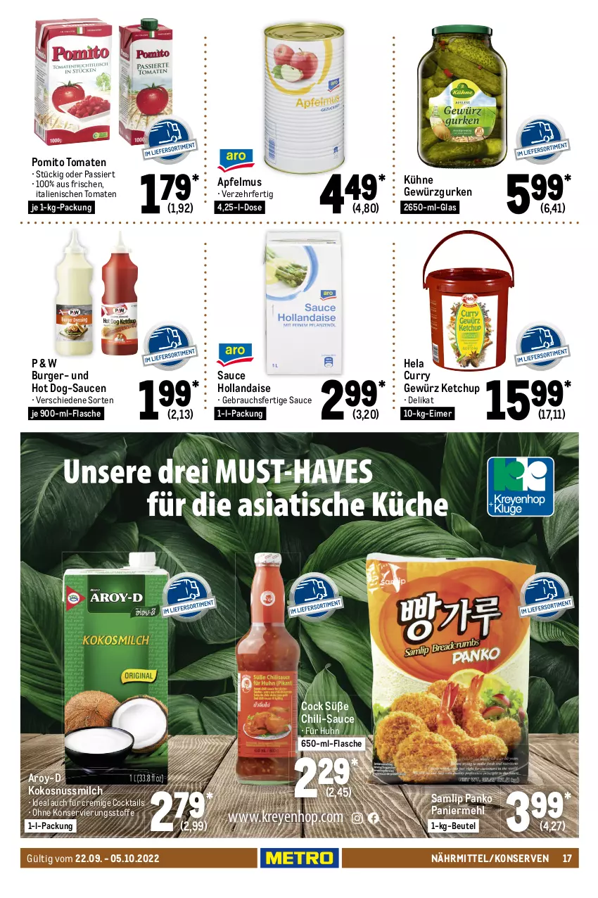 Aktueller Prospekt Metro - GastroJournal - von 22.09 bis 05.10.2022 - strona 17 - produkty: apfel, apfelmus, aprikose, auto, Bad, barilla, beere, beutel, braun, Brühe, burger, chili, cocktail, cocktails, creme, curry, eimer, eis, erdbeere, flasche, gewürz, Gewürzgurke, gewürzgurken, gurke, gurken, Hela, hollandaise, hot dog, johannisbeere, ketchup, kirsch, kirsche, kokos, kokosnuss, Kokosnussmilch, konfitüre, konfitüre extra, Konserven, Kühne, LG, maggi, mehl, milch, mit gemüse, nuss, nutella, Paniermehl, pasta, pomito, Rauch, reis, rohrzucker, röstzwiebeln, salz, sauce, sauce hollandaise, saucen, Ti, tisch, tomate, tomaten, Vegeta, zucker, zwiebel, zwiebeln