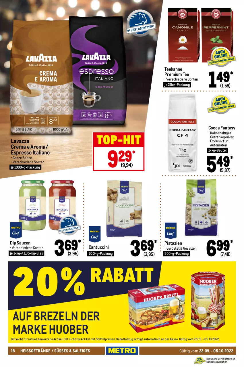 Aktueller Prospekt Metro - GastroJournal - von 22.09 bis 05.10.2022 - strona 18 - produkty: alkohol, apfel, auto, beutel, bohne, brezel, Brezeln, brut, burgunder, cantuccini, chardonnay, cin, de blancs, dell, dip, ecco, eier, eis, elle, ente, espresso, fanta, flasche, frizzante, frucht, früchte, früchten, getränk, getränke, getränkepulver, grauburgunder, honig, honigmelone, huober, käfer, kakao, kirsch, kirsche, lavazza, LG, mac, maracuja, melone, Palette, pfirsich, pflaume, Pinot, pinot grigio, pistazien, prosecco, reis, Rivaner, rotkäppchen, salz, sauce, saucen, sekt, tee, teekanne, Ti, tisch, tomate, tomaten, top-hit, tuc, wein