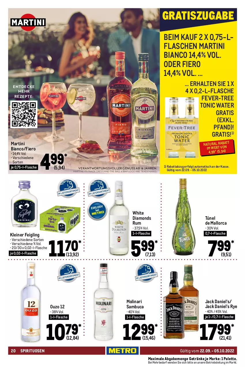 Aktueller Prospekt Metro - GastroJournal - von 22.09 bis 05.10.2022 - strona 20 - produkty: auto, ball, Birnen, decke, fever-tree, flasche, frucht, getränk, getränke, gin, jack daniel, johnnie walker, kleiner feigling, leine, LG, likör, lion, mariacron, martini, Molinari, natur, natura, nuss, ouzo, ouzo 12, Palette, rezept, rezepte, Ria, rum, sambuca, scotch, scotch whisky, Sierra, sierra tequila, spirituosen, tequila, Ti, tisch, tonic, tonic water, top-hit, wein, weinbrand, whisky, wodka