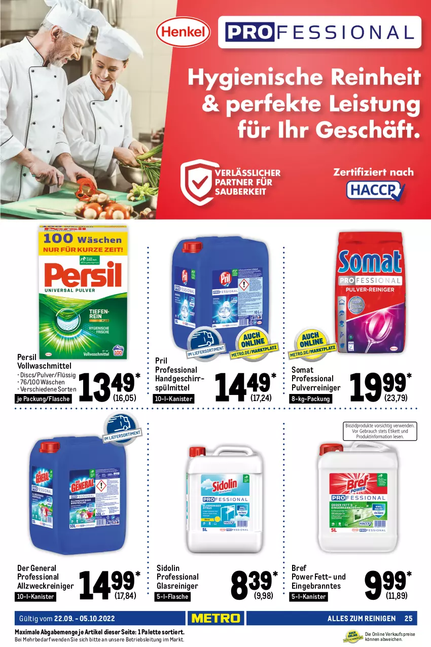 Aktueller Prospekt Metro - GastroJournal - von 22.09 bis 05.10.2022 - strona 25 - produkty: allzweckreiniger, Aluminiumfolie, Becher, Bref, bref power, eis, elle, flasche, frischhaltefolie, geschirr, geschirrspülmittel, Glasreiniger, hakle, hakle toilettenpapier, handschuhe, handtuch, küche, Küchen, küchentücher, natur, Palette, papier, persil, pril, reiniger, reis, schuhe, sidolin, somat, spülmittel, teller, Ti, toilettenpapier, top-hit, trinkbecher, Trinkhalme, tuc, tücher, vollwaschmittel, waschmittel, weck, zewa