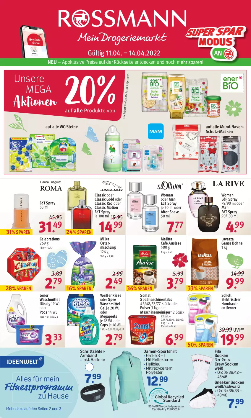 Aktueller Prospekt Rossmann - Prospekte - von 11.04 bis 14.04.2022 - strona 1 - produkty: after shave, Armband, batterie, bohne, Cap, decke, edp spray, edt spray, eis, La Rive, laura biagiotti, lavazza, lavazza ganze bohne, lenor, lenor waschmittel, maschinenreiniger, Maske, megaperls, melitta, milka, Pods, reiniger, reis, scholl, shirt, sneaker, sneaker socken, socken, somat, spee, Sport, spülmaschinen, spülmaschinentabs, Ti, waschmittel, WC-Steine