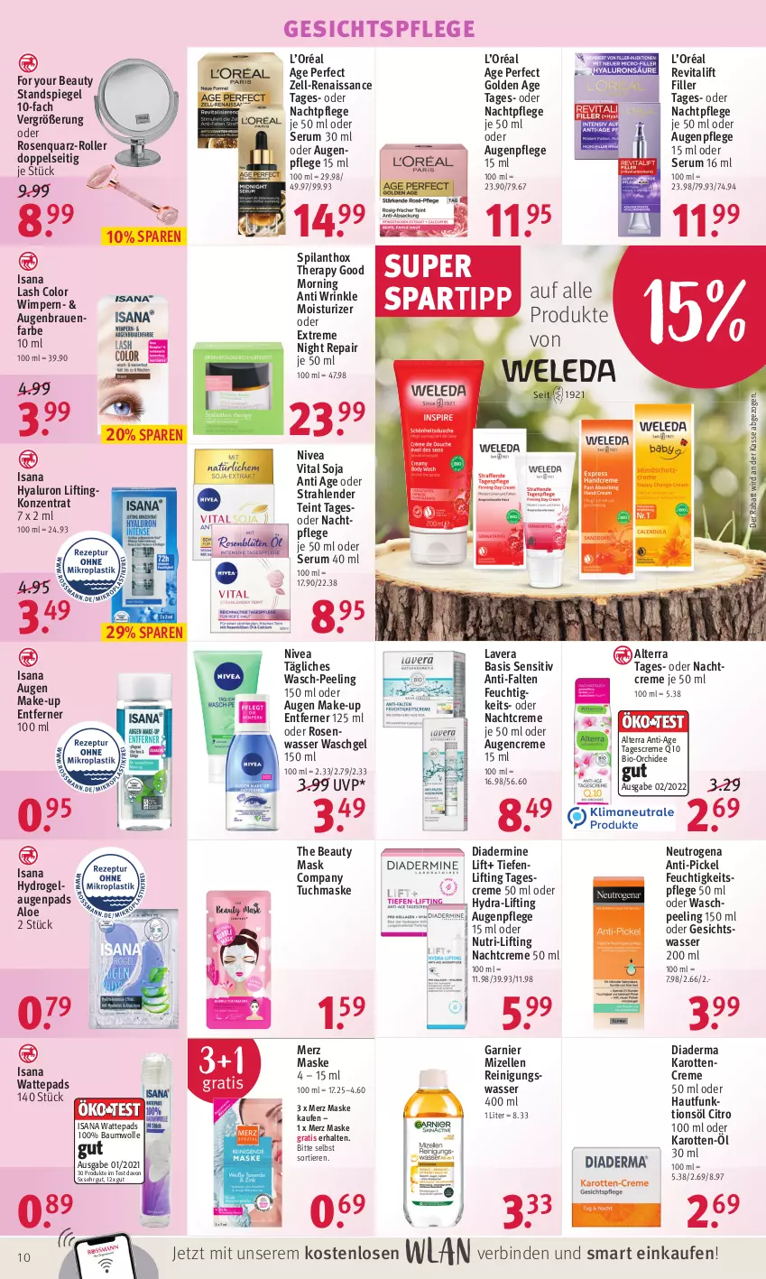 Aktueller Prospekt Rossmann - Prospekte - von 11.04 bis 14.04.2022 - strona 10 - produkty: alterra, Augenpflege, Bau, baumwolle, binden, bio, creme, Diadermine, elle, feuchtigkeitspflege, For Your Beauty, garnier, gesichtspflege, Gesichtswasser, gsw, HP, hyaluron, isana, karotten, lavera, Make-up, Maske, mizellen, Mizellen Reinigungswasser, nachtcreme, nachtpflege, neutrogena, nivea, orchidee, Peeling, Q10, Reinigung, Revital, revitalift, Roller, rosen, Rosenwasser, rum, sana, Serum, soja, spartipp, spiegel, Standspiegel, tagescreme, Ti, Tiere, tuc, tuchmaske, vita, waschgel, wasser, wattepads, wolle, Yo