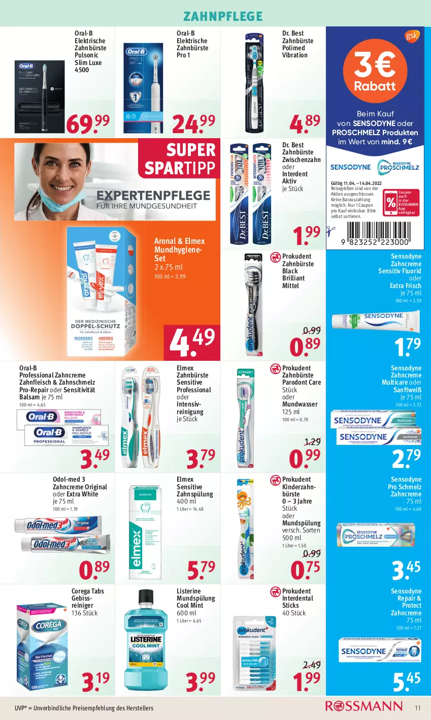 Aktueller Prospekt Rossmann - Prospekte - von 11.04 bis 14.04.2022 - strona 11 - produkty: balsam, bürste, coupon, creme, Dr. Best, eis, elektrische zahnbürste, elle, elmex, erde, fleisch, gin, Kinder, lack, listerine, mint, Mundhygiene, mundspülung, mundwasser, Odol, Odol-med 3, oral-b, pro-repair, Prokudent, reiniger, Reinigung, reis, sensodyne, spartipp, spülung, teller, Ti, Tiere, wasser, zahnbürste, zahncreme