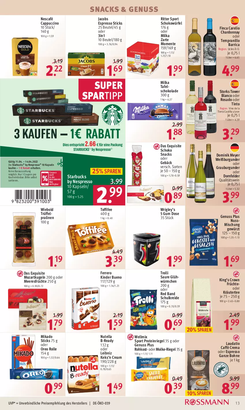 Aktueller Prospekt Rossmann - Prospekte - von 11.04 bis 14.04.2022 - strona 13 - produkty: asti, beutel, bohne, burgunder, caffè crema, Cap, cappuccino, chardonnay, cin, coupon, dornfelder, eis, elle, ente, espresso, ferrero, früchte, gewürz, grauburgunder, jacobs, keks, Kinder, kinder bueno, kräuter, Kreide, Kugel, leibniz, meeresfrüchte, mikado, milka, Nescafé, nespresso, nuss, nutella, oder espresso, oder kräuter, oreo, pralinen, qualitätswein, reis, rel, riegel, ritter, ritter sport, schoko, schokolade, schokowürfel, snack, snacks, spartipp, Sport, starbucks, tafelschokolade, tee, teller, tempranillo, Ti, Tiere, toffifee, trolli, Trüffel, wein, Weißburgunder, würfel