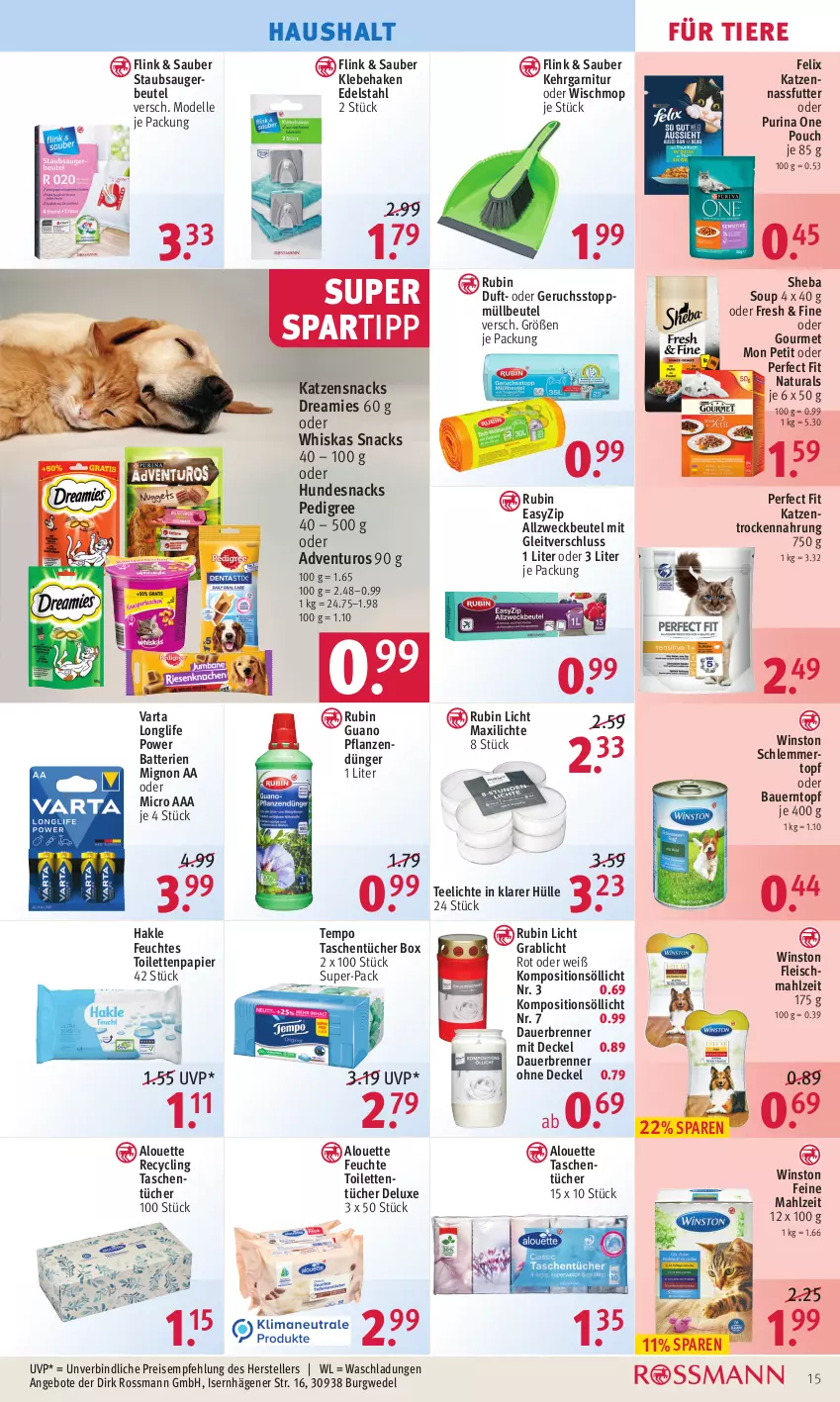 Aktueller Prospekt Rossmann - Prospekte - von 11.04 bis 14.04.2022 - strona 15 - produkty: adventuros, Allzweckbeutel, alouette, angebot, angebote, auer, batterie, batterien, Bau, Bauer, beutel, Clin, decke, Deckel, dell, dreamies, dünger, edelstahl, eis, elle, felix, feuchtes toilettenpapier, fleisch, garnitur, hakle, hundesnack, hundesnacks, katzensnack, katzensnacks, Kehrgarnitur, longlife, Mode, müllbeutel, nassfutter, natur, natura, papier, pedigree, Perfect Fit, pflanze, pflanzen, purina, reis, Rubin, sheba, snack, snacks, spartipp, staubsauger, staubsaugerbeutel, Tasche, taschen, taschentücher, tee, Teelicht, teelichte, teller, Tempo, Ti, Tiere, toilettenpapier, toilettentücher, topf, Trockennahrung, tücher, varta, weck, wedel, whiskas