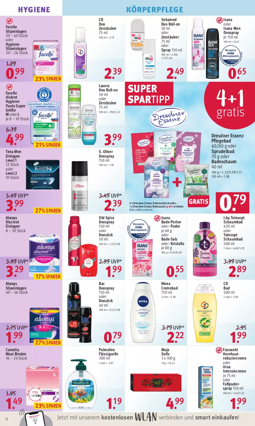 Aktueller Prospekt Rossmann - Prospekte - von 11.04 bis 14.04.2022 - strona 6 - produkty: Alwa, Always, auer, Bad, binden, camelia, creme, deo, deo roll-on, deospray, deospray 150 ml, Deostick, Discreet, elle, Engel, Facelle, flüssigseife, Fusswohl, isana, körperpflege, lavera, nivea, Old Spice, olive, palmolive, Pants, perlen, roll-on, S. Oliver, salz, sana, schaumbad, sebamed, Seife, slip, slipeinlagen, spartipp, Sprudel, Sprudelbad, Tena Men, Ti, Tiere