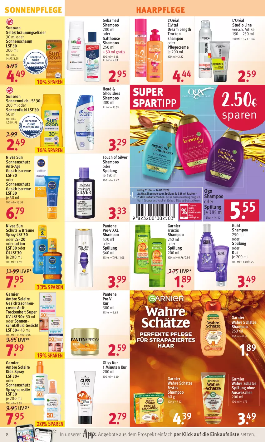 Aktueller Prospekt Rossmann - Prospekte - von 11.04 bis 14.04.2022 - strona 8 - produkty: Ambre Solaire, angebot, angebote, coupon, creme, elvital, fructis, garnier, Gesichtscreme, gliss, gliss kur, Guhl, haarpflege, Lotion, milch, nivea, nivea sun, pantene, pantene pro-v, Pflegecreme, pro-v, sebamed, shampoo, shampoo 250 ml, shampoo oder spülung, sonnencreme, sonnenmilch, sonnenschutz, spartipp, spülung, spülung 200 ml, Ti, Tiere, Trockenshampoo, vita, Wahre Schätze