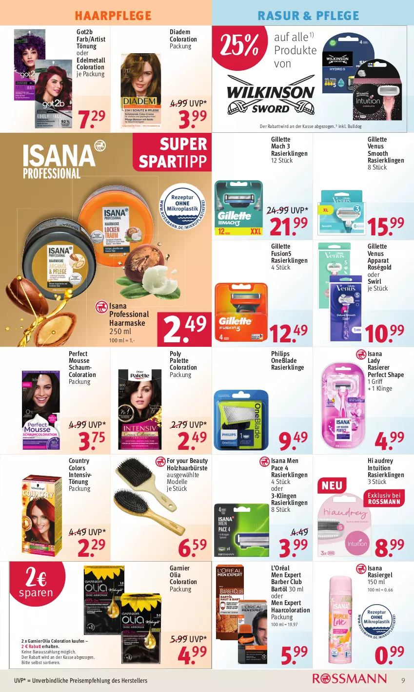 Aktueller Prospekt Rossmann - Prospekte - von 11.04 bis 14.04.2022 - strona 9 - produkty: Bulldog, bürste, dell, diadem, eis, elle, For Your Beauty, fusion5, garnier, gillette, gillette venus, got2b, haarpflege, Holz, Intensivtönung, isana, mac, Maske, Mode, mousse, Palette, Philips, rasierer, rasiergel, Rasierklinge, rasierklingen, reis, sana, spartipp, swirl, teller, Ti, Tiere, venus, Yo