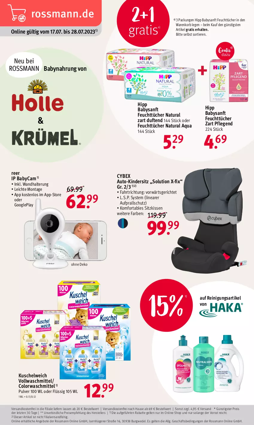 Aktueller Prospekt Rossmann - Prospekte - von 17.07 bis 28.07.2023 - strona 4 - produkty: angebot, angebote, aqua, auto, Babynahrung, colorwaschmittel, eis, elle, feuchttücher, hipp, Kinder, Kindersitz, kissen, korb, Kuschelweich, LG, natur, natura, ndk, Reinigung, reis, sitzkissen, teller, Ti, Tiere, tücher, versandkostenfrei, vollwaschmittel, wandhalterung, waschmittel, wedel, ZTE