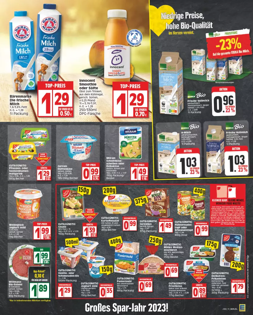 Aktueller Prospekt Edeka - Angebote der Woche - von 29.05 bis 03.06.2023 - strona 11 - produkty: Bau, Becher, beispielabbildung, beutel, bio, deka, eis, elle, flasche, gervais, Innocent, joghur, joghurt, joghurt mild, kartoffel, kartoffelsalat, lebensmittel, leine, mehl, milram, obst, Ofen, Paniermehl, regal, reis, rel, sac, säfte, salat, schoko, schokolade, schokoladen, smoothie, teller, Ti, top-preis, vanille, wiltmann, ZTE