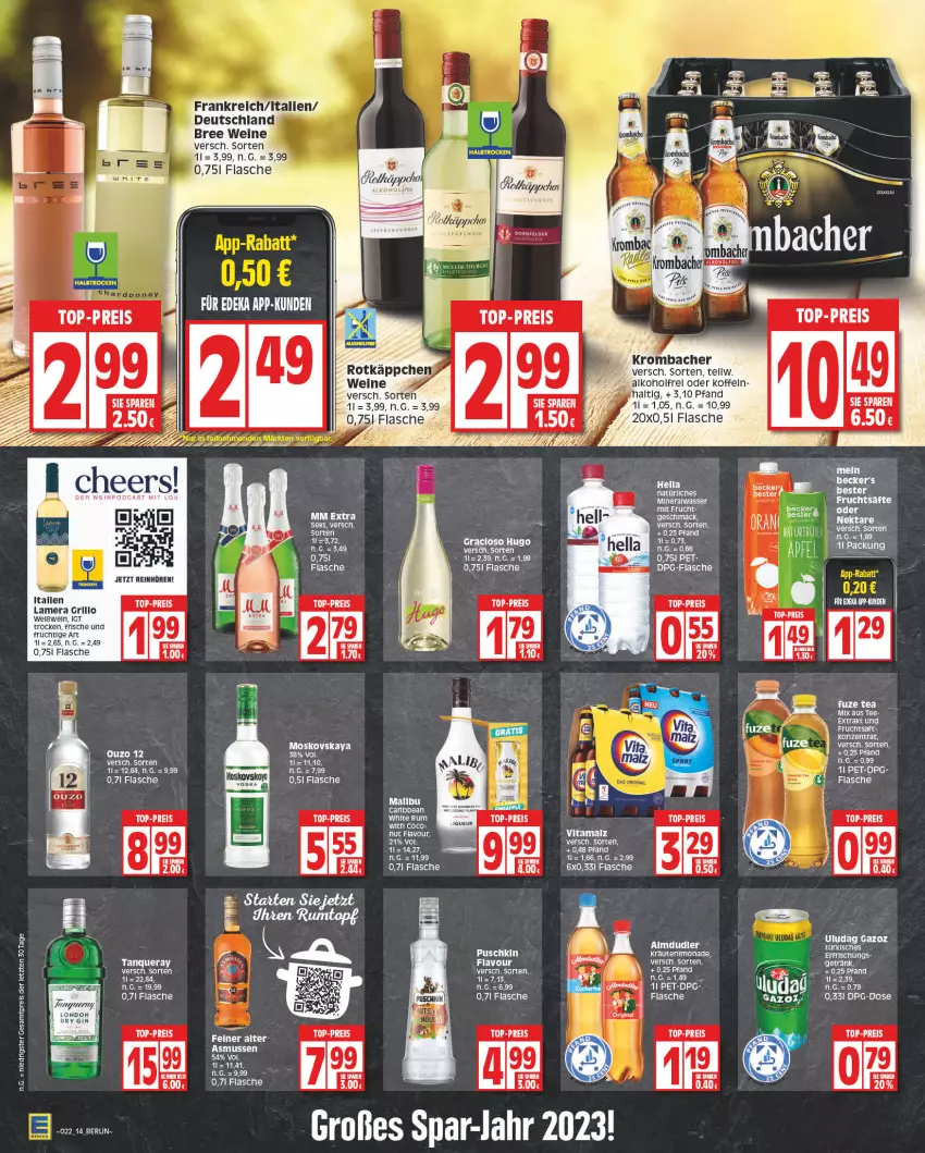 Aktueller Prospekt Edeka - Angebote der Woche - von 29.05 bis 03.06.2023 - strona 14 - produkty: alkohol, almdudler, Alwa, bree, eier, eis, ente, flasche, frucht, fruchtsaft, grill, grillo, krombache, krombacher, malz, mineralwasser, moskovskaya, ouzo, ouzo 12, reis, saft, Ti, top-preis, vita, vitamalz, wasser, wein, weine, Weißwein, Yo