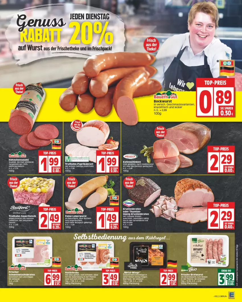 Aktueller Prospekt Edeka - Angebote der Woche - von 29.05 bis 03.06.2023 - strona 5 - produkty: aeg, auer, aufschnitt, Bau, Bauer, bio, braten, bratwurst, buch, deka, edeka bio, eis, elle, felgen, Geflügel, gewürz, grill, hähnchenflügel, Holz, honig, HP, Käse, katenschinken, krustenbraten, lachs, Lachsbraten, leberwurst, LG, marinade, natur, nuss, reis, rezept, saft, salami, salz, schinken, schwein, schweine, Schweinelachs, steak, steaks, tee, Ti, top-preis, wein, weine, wurst, ZTE