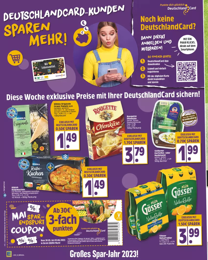 Aktueller Prospekt Edeka - Angebote der Woche - von 29.05 bis 03.06.2023 - strona 8 - produkty: Becher, braten, buch, deka, deutschland card, deutschlandcard, doppelrahmstufe, eis, flasche, gösser, kartoffel, kartoffeln, Käse, kuchen, natur, nudel, nudelsalat, Ofen, Ofenkäse, radler, rapsöl, reis, rouge, rougette, salat, smartphone, Ti, ZTE