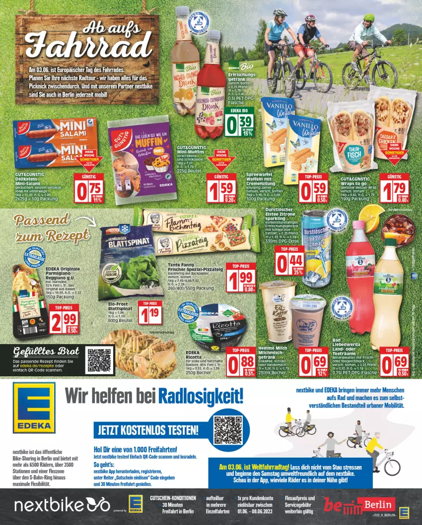 Aktueller Prospekt Edeka - Angebote der Woche - von 29.05 bis 03.06.2023 - strona 9 - produkty: Alwa, Becher, beutel, blattspinat, decke, deka, durstlöscher, eier, erde, erfrischungsgetränk, Fahrrad, flasche, getränk, gin, gutschein, LG, mac, mineralwasser, nuss, papier, reifen, rezept, ricotta, ring, rwe, schoko, schokolade, spinat, tante fanny, tee, Ti, wasser, wrap, wraps, ZTE