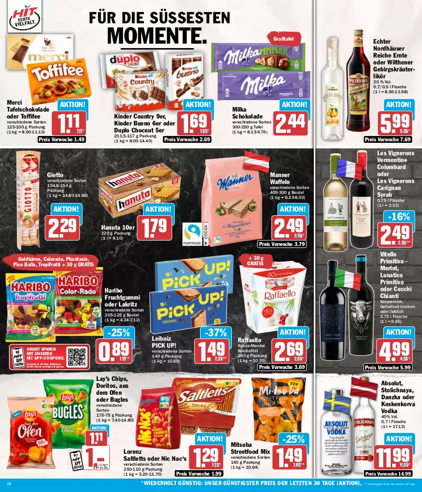 Aktueller Prospekt Hit - Wochenprospekt - von 22.07 bis 27.07.2024 - strona 12 - produkty: ball, beutel, bugles, chia, chianti, chips, coupon, coupons, Doritos, duplo, eis, ente, flasche, frucht, fruchtgummi, giotto, goldbären, hanuta, haribo, Kinder, kinder bueno, kinder country, kokos, kräuter, kräuterlikör, Lakritz, leibniz, likör, lorenz, mandel, Manner, merci, merl, merlot, milka, milka schokolade, nero, oder lakritz, Ofen, Pick Up!, primitivo, raffaello, reis, saltletts, schoko, schokolade, Spezi, tafelschokolade, Ti, toffifee, vodka, waffeln, wilthener, ZTE