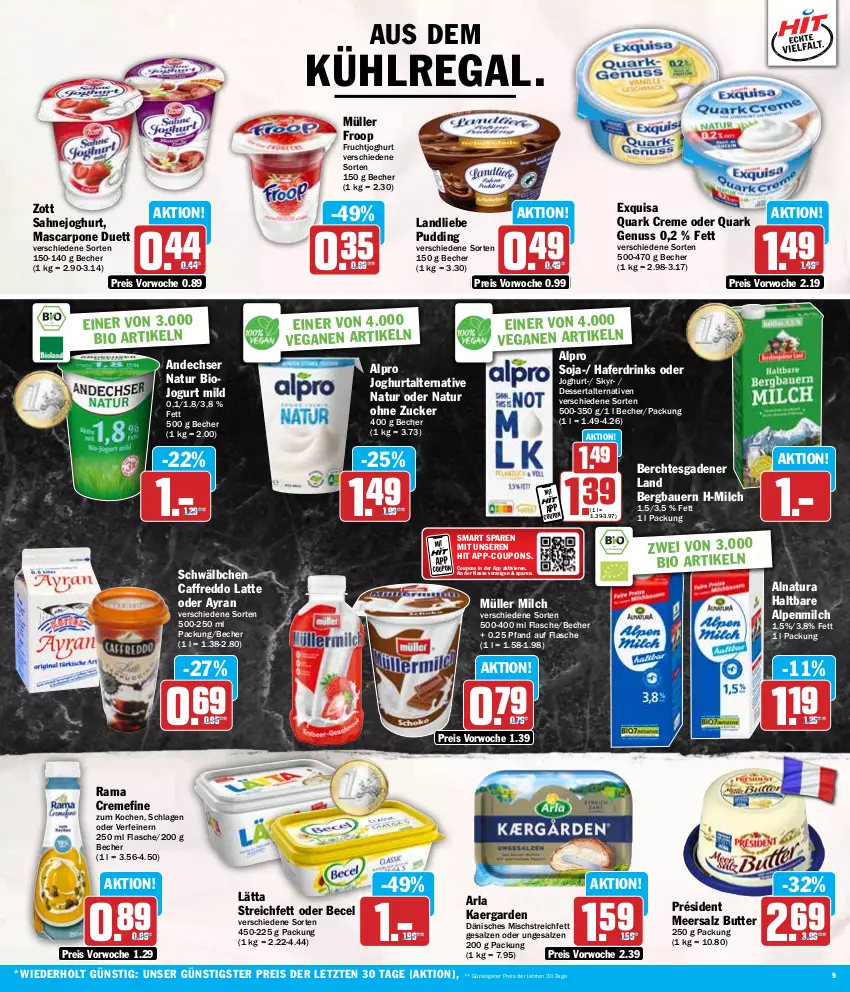 Aktueller Prospekt Hit - Wochenprospekt - von 22.07 bis 27.07.2024 - strona 9 - produkty: alpenmilch, alpro, andechser natur, arla, auer, aus dem kühlregal, Ayran, Bau, Bauer, becel, Becher, bio, butter, coupon, coupons, creme, dessert, drink, drinks, eis, exquisa, flasche, freddo, froop, frucht, fruchtjoghurt, hafer, Haferdrink, joghur, joghurt, jogurt, kühlregal, landliebe, lätta, latte, mascarpone, meersalz, milch, Müller, müller froop, natur, natura, nuss, pudding, quark, quark genus, quark genuss, rama, rama cremefine, regal, reis, sahne, Sahnejoghurt, salz, Skyr, soja, Ti, zott, ZTE, zucker