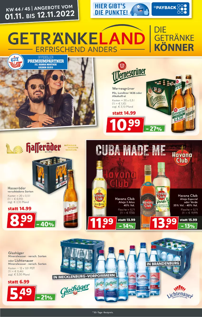 Aktueller Prospekt Getraenkeland - von 01.11 bis 12.11.2022 - strona 1 - produkty: alkohol, Alwa, angebot, angebote, auer, bestpreis, bier, eis, elle, erde, flasche, getränk, getränke, hasseröder, Havana Club, lichtenauer, mineralwasser, pils, reis, tee, wasser