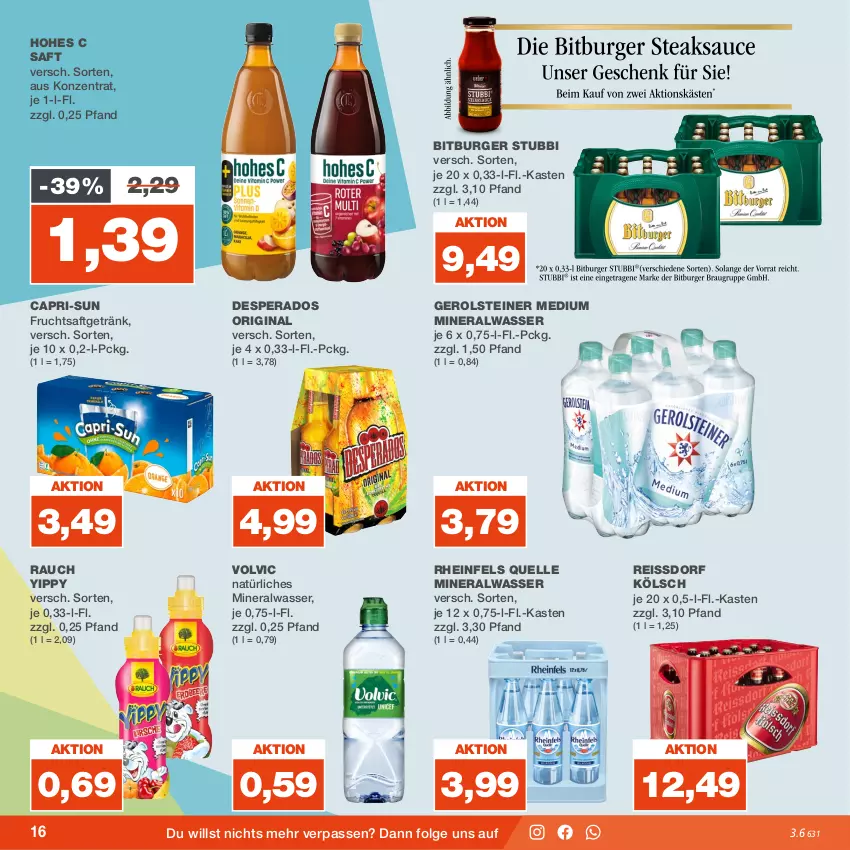 Aktueller Prospekt Real - von 07.08 bis 12.08.2023 - strona 16 - produkty: Alwa, bitburger, burger, Cap, capri-sun, desperados, eis, elle, frucht, fruchtsaft, fruchtsaftgetränk, gerolsteine, gerolsteiner, getränk, gin, Hohes C, LG, mineralwasser, natürliches mineralwasser, Rauch, reis, reiss, rheinfels quelle, saft, ssd, steiner, Ti, volvic, volvic natürliches, wasser