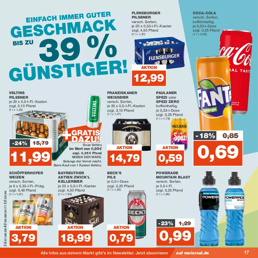 Aktueller Prospekt Real - von 07.08 bis 12.08.2023 - strona 17 - produkty: bier, burger, coca-cola, cola, eis, elle, flensburger, franziskaner, kellerbier, Paula, paulaner, pils, pilsener, schöfferhofer, Spezi, Ti, veltins, veltins pilsener, weissbier, WICK