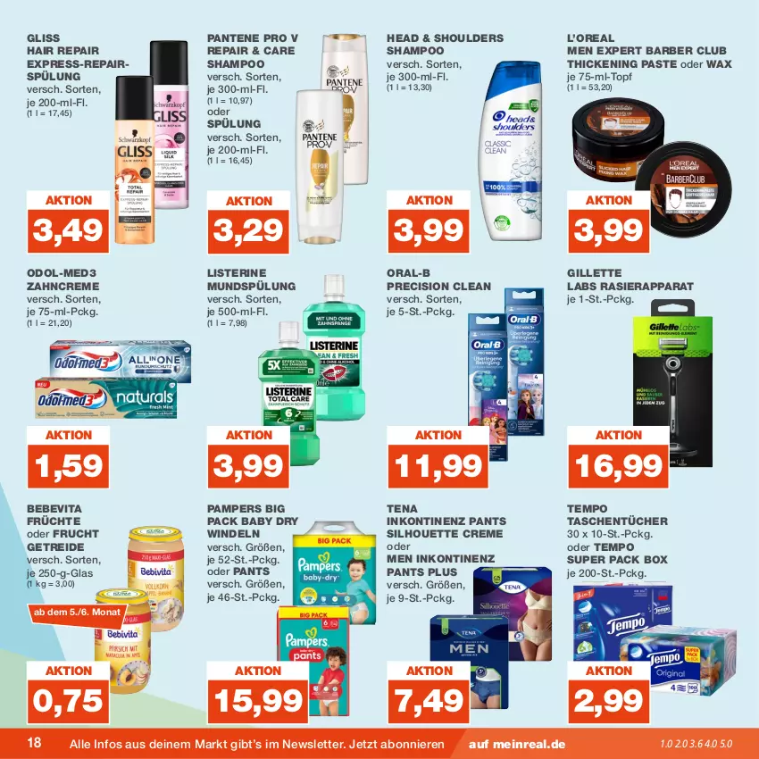 Aktueller Prospekt Real - von 07.08 bis 12.08.2023 - strona 18 - produkty: Bebe, creme, frucht, früchte, gillette, gliss, listerine, mundspülung, Odol, oral-b, pampers, pantene, Pants, precision clean, rasierapparat, shampoo, spülung, Tasche, taschen, taschentücher, Tempo, Ti, topf, tücher, vita, windeln, zahncreme