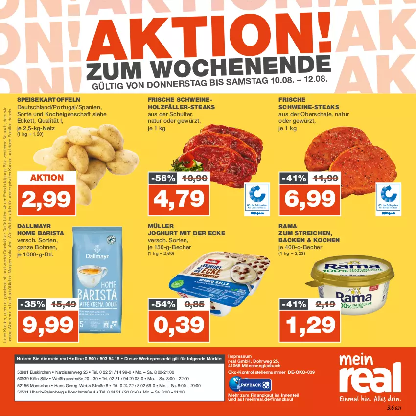 Aktueller Prospekt Real - von 07.08 bis 12.08.2023 - strona 28 - produkty: Becher, bohne, bohnen, bosch, dallmayr, eis, elle, ente, gewürz, Holz, joghur, joghurt, joghurt mit der ecke, kartoffel, kartoffeln, LG, Müller, Narzissen, natur, rama, rwe, Schal, Schale, schwein, schweine, speisekartoffeln, steak, steaks, Ti, wein, weine