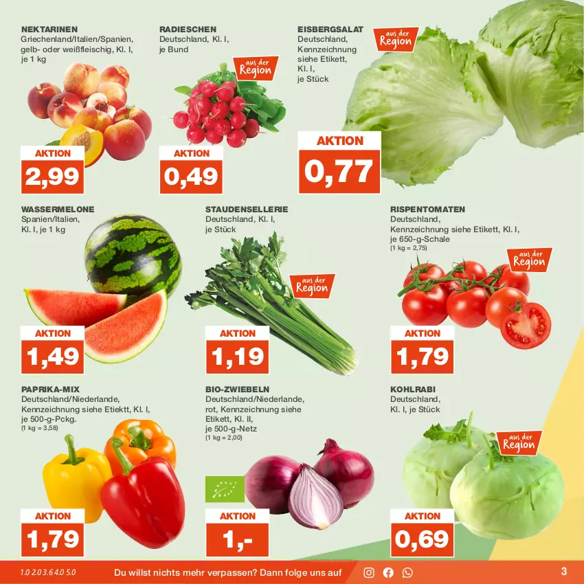 Aktueller Prospekt Real - von 07.08 bis 12.08.2023 - strona 3 - produkty: bio, eis, eisbergsalat, elle, fleisch, kohlrabi, LG, melone, Nektar, nektarinen, paprika, radieschen, rispentomaten, salat, Schal, Schale, stauden, Ti, tomate, tomaten, wasser, wassermelone, zwiebel, zwiebeln