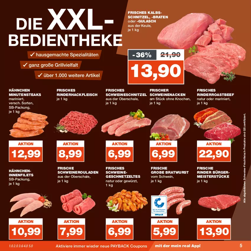 Aktueller Prospekt Real - von 07.08 bis 12.08.2023 - strona 5 - produkty: beef, braten, bratwurst, coupon, coupons, eis, filet, filets, fleisch, Germ, geschnetzeltes, gewürz, grobe bratwurst, gulasch, hackfleisch, kalbsschnitzel, Meister, minutensteaks, natur, nero, payback, rind, rinder, rinderhackfleisch, roastbeef, rouladen, Schal, Schale, schnitzel, schwein, schweine, schweinenacken, Schweineroulade, schweineschnitzel, steak, steaks, Ti, wein, weine, wurst, Zelt