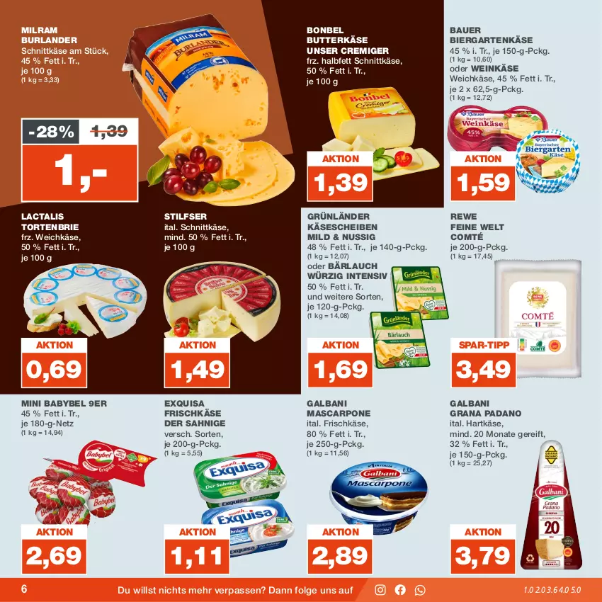 Aktueller Prospekt Real - von 07.08 bis 12.08.2023 - strona 6 - produkty: auer, babybel, Bau, Bauer, bier, bonbel, brie, burlander, butter, butterkäse, comté, exquisa, exquisa frischkäse, frischkäse, galbani, Garten, grana, grana padano, grünländer, hartkäse, Käse, käsescheiben, LG, mascarpone, milram, mini babybel, nuss, padano, Rana, rewe feine welt, schnittkäse, Ti, torte, weichkäse, wein, Weinkäse