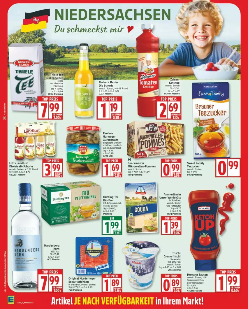 Aktueller Prospekt Edeka - Prospekte - von 25.08 bis 30.08.2025 - strona 10 - produkty: ammerländer, beutel, bio, braun, bünting tee, creme, direktsaft, elle, ente, erde, flasche, frischli, gin, gurke, gurken, gurkensalat, homann, Käse, ketchup, mac, merl, mikrowelle, minze, pommes, remoulade, rwe, saft, salat, sauce, saucen, schinken, schorle, Seeluftschinken, snack, Sweet Family, tee, Ti, tomate, tomaten, tomatenketchup, zucker