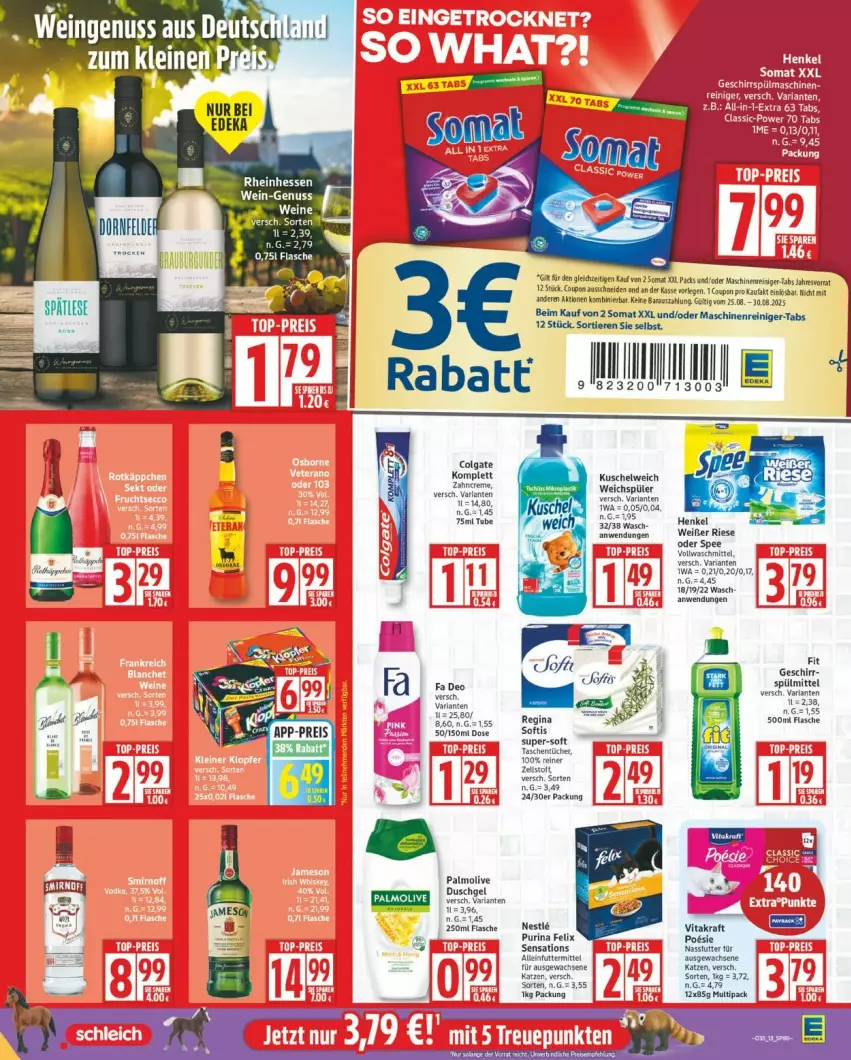 Aktueller Prospekt Edeka - Prospekte - von 25.08 bis 30.08.2025 - strona 13 - produkty: arla, colgate, coupon, deka, deo, duschgel, elle, felix, flasche, geschirr, Kuschelweich, LG, maschinenreiniger, nuss, olive, palmolive, purina, reiniger, Ria, somat, spülmittel, Ti, Tiere, vollwaschmittel, waschmittel, weichspüler, wein