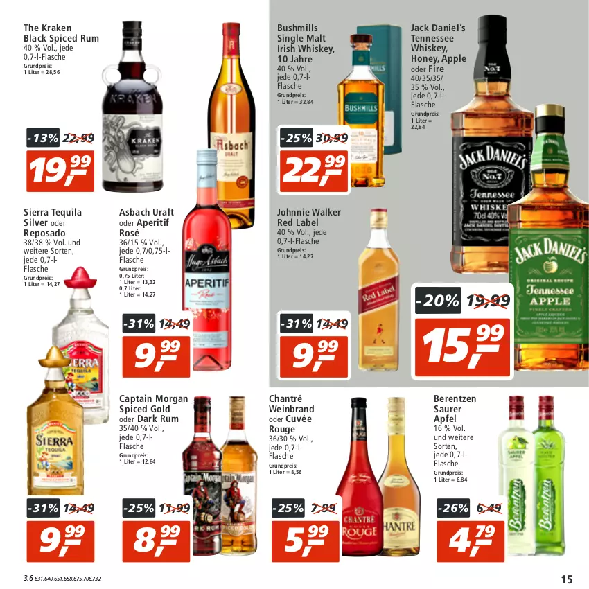 Aktueller Prospekt Real - von 18.07 bis 23.07.2022 - strona 15 - produkty: aperitif, apfel, Apple, asbach uralt, berentzen, Cap, captain morgan, chantré, cuvée, eis, flasche, irish whiskey, jack daniel, johnnie walker, lack, reis, rouge, rum, Sierra, sierra tequila, single malt, tennessee whiskey, tequila, Ti, wein, weinbrand, whiskey