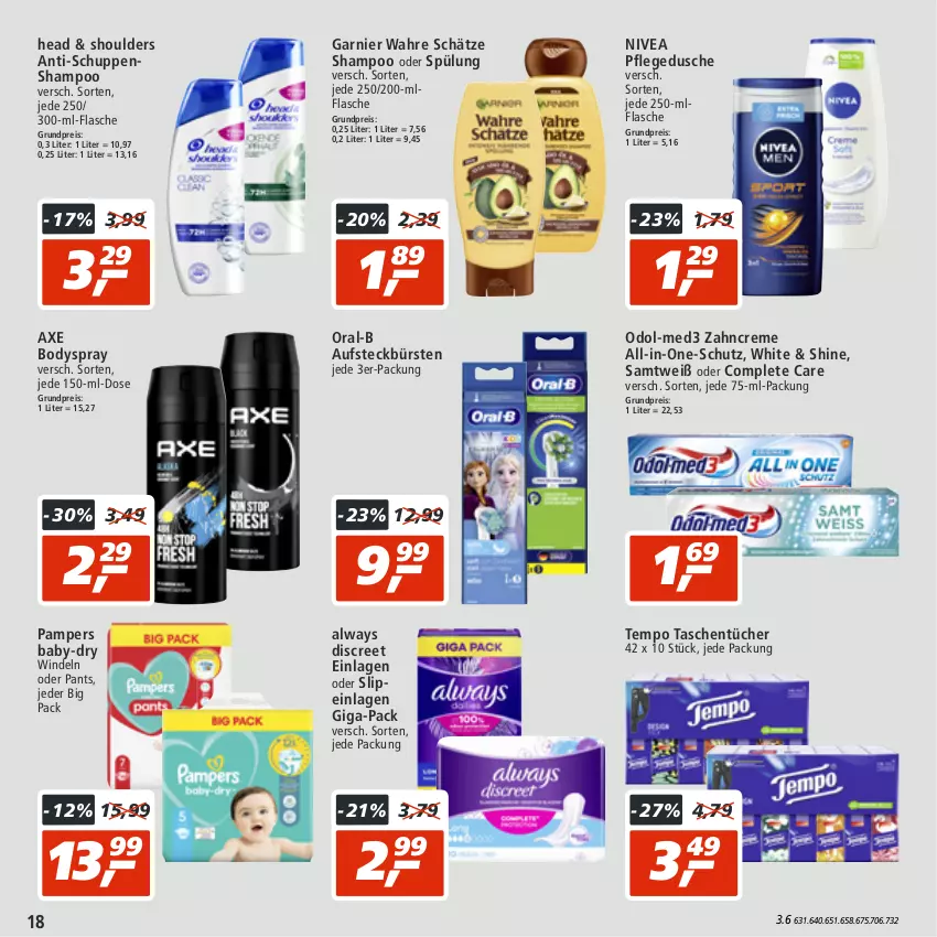 Aktueller Prospekt Real - von 18.07 bis 23.07.2022 - strona 18 - produkty: Alwa, Always, aufsteckbürsten, axe, baby-dry, body, bodyspray, bürste, bürsten, creme, Discreet, dusche, eis, flasche, garnier, nivea, Odol, oral-b, pampers, Pants, pflegedusche, reis, shampoo, shampoo oder spülung, slip, slipeinlagen, spülung, Tasche, taschen, taschentücher, Tempo, Ti, tücher, Wahre Schätze, windeln, windeln oder pants, zahncreme