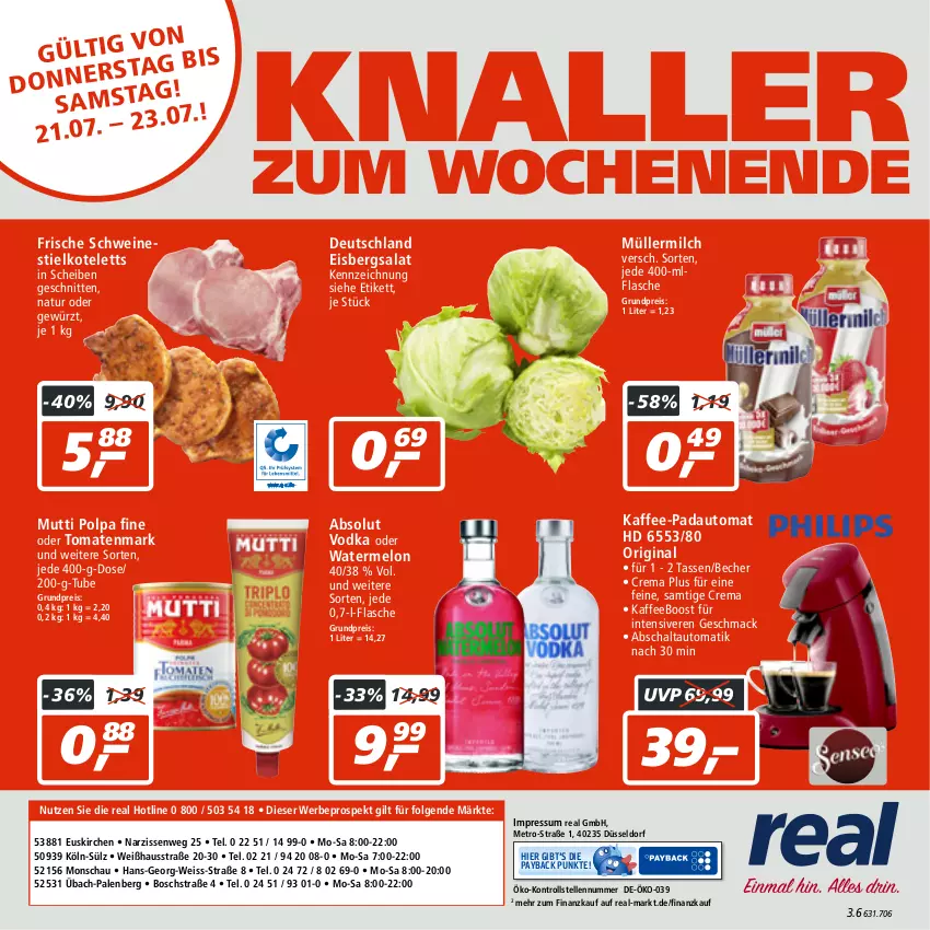 Aktueller Prospekt Real - von 18.07 bis 23.07.2022 - strona 24 - produkty: Absolut Vodka, auto, Becher, bosch, eis, eisbergsalat, elle, flasche, gewürz, gin, kaffee, kotelett, LG, mac, Metro, milch, Müller, müllermilch, Mutti, Narzissen, natur, payback, reis, salat, Schal, schnitten, schwein, schweine, tasse, Ti, tomate, tomaten, tomatenmark, vodka, wein, weine