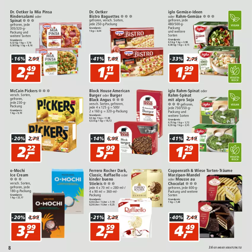 Aktueller Prospekt Real - von 18.07 bis 23.07.2022 - strona 8 - produkty: alpro, baguette, baguettes, Bistro Baguette, burger, cola, coppenrath, Dr. Oetker, eis, ferrero, Ferrero Rocher, iglo, Kinder, kinder bueno, lack, mandel, marzipan, mccain, Mochi, mousse, Mousse au Chocolat, raffaello, rahm-gemüse, rahm-spinat, reis, rind, rinder, Rindersalami, salami, soja, spinat, stieleis, Ti, torte