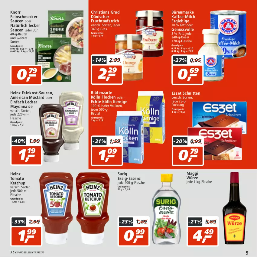 Aktueller Prospekt Real - von 18.07 bis 23.07.2022 - strona 9 - produkty: aufstrich, bärenmarke, beutel, Blüte, eis, essig, feinkost, feinschmecker, flasche, frucht, fruchtaufstrich, hafer, heinz, kaffee, ketchup, knorr, kölln, korn, maggi, maggi würze, mayonnaise, milch, nuss, reis, sauce, saucen, schnitten, Ti, tomato ketchup, Yo