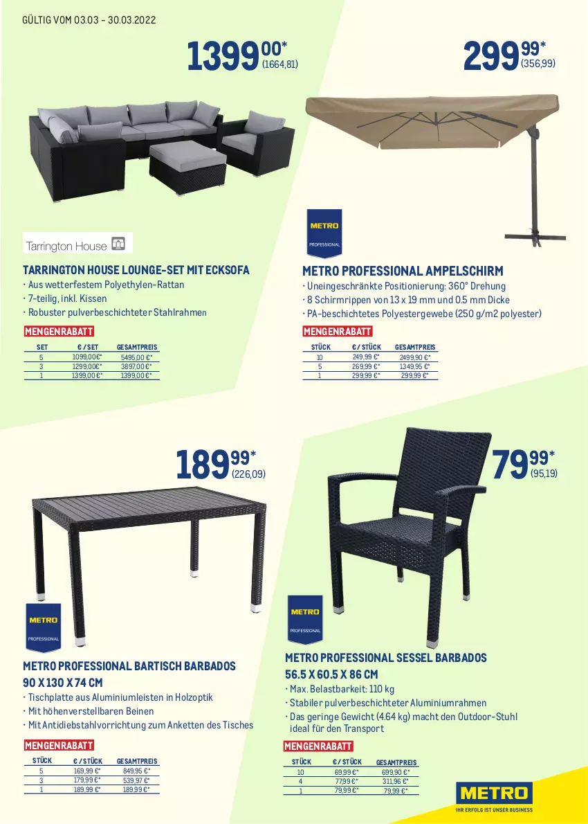 Aktueller Prospekt Metro - ONLINE-MARKTPLATZ - von 03.03 bis 30.03.2022 - strona 2 - produkty: ampelschirm, Bad, Bartisch, eis, Holz, HP, Kette, kissen, latte, lounge-set, mac, Metro, reis, ring, Rippen, sessel, Sofa, Sport, stuhl, tarrington house, Ti, tisch, tischplatte