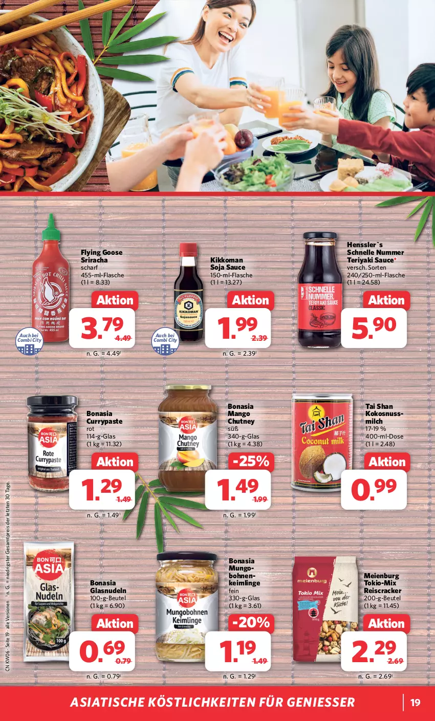 Aktueller Prospekt Combi - Prospekte - von 05.02 bis 10.02.2024 - strona 19 - produkty: beutel, bohne, bohnen, Bona, cracker, curry, eis, elle, flasche, kikkoman, kokos, kokosnuss, Kokosnussmilch, mango, milch, nudel, nudeln, nuss, reis, sauce, soja, Sriracha, Ti, tisch, ZTE