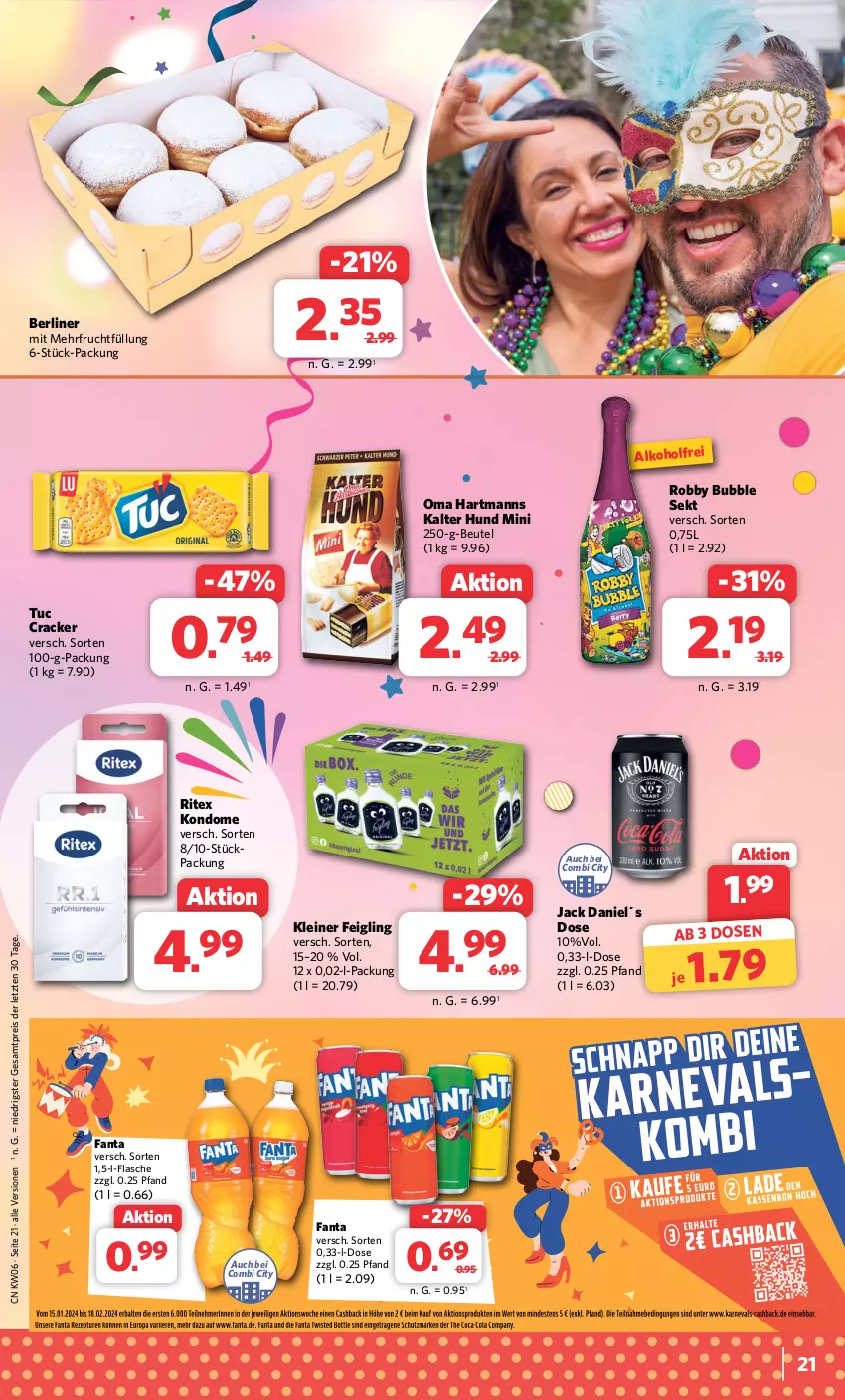 Aktueller Prospekt Combi - Prospekte - von 05.02 bis 10.02.2024 - strona 21 - produkty: alkohol, berliner, beutel, cracker, eis, fanta, flasche, frucht, Hartmann, jack daniel, kleiner feigling, Kondome, leine, reis, Ritex, robby, sekt, Ti, tuc, ZTE