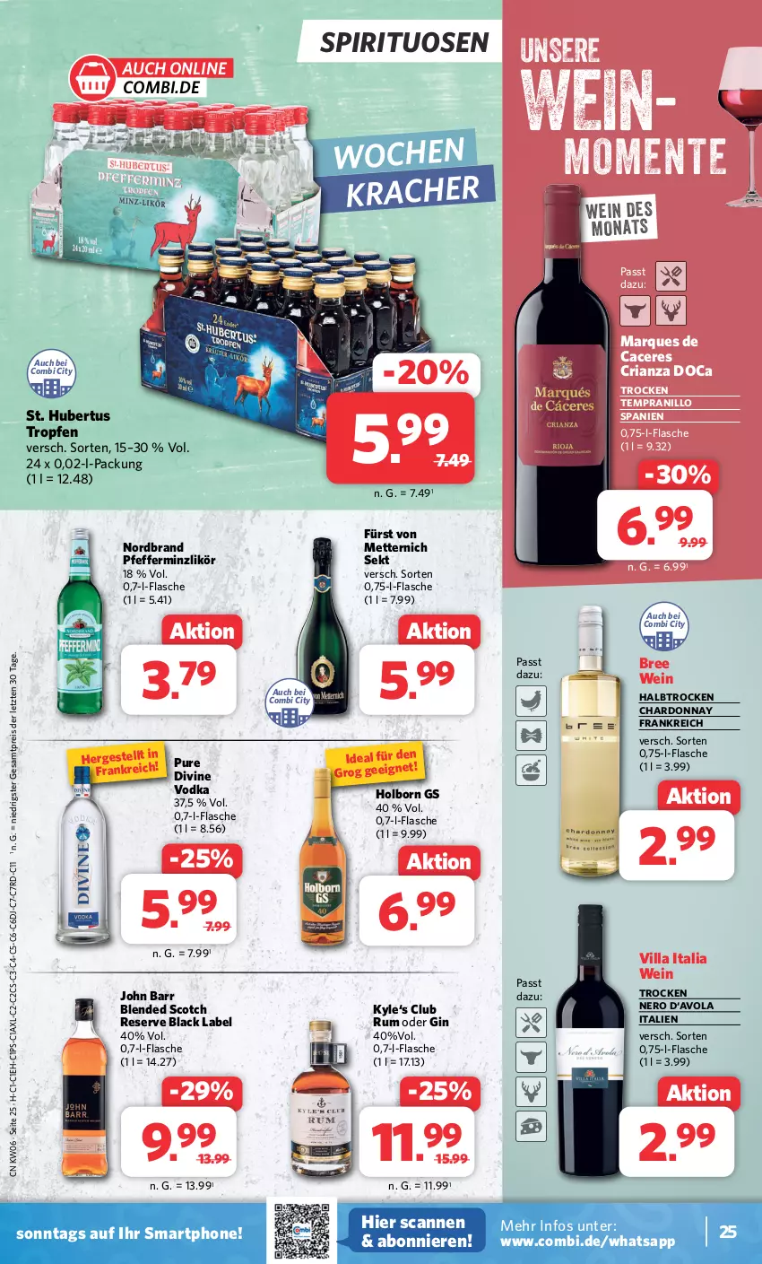 Aktueller Prospekt Combi - Prospekte - von 05.02 bis 10.02.2024 - strona 25 - produkty: acer, black label, blended scotch, bree, chardonnay, eis, ente, flasche, fürst von metternich, gin, John Barr, kracher, lack, likör, Mett, metternich, nero, nordbrand, pfeffer, pfefferminzlikör, reis, Ria, rum, scotch, sekt, smartphone, spirituosen, tempranillo, Ti, vodka, wein, ZTE