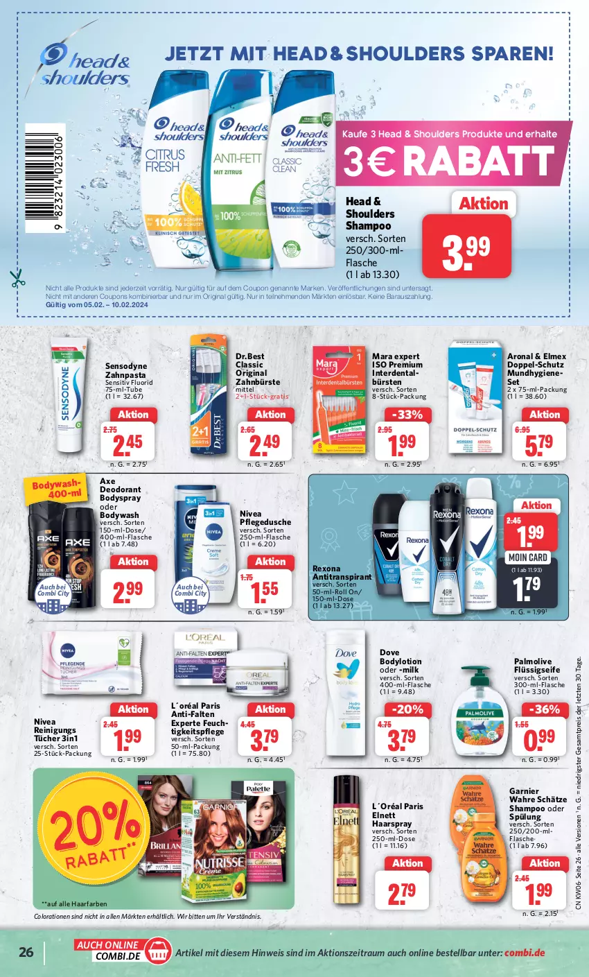 Aktueller Prospekt Combi - Prospekte - von 05.02 bis 10.02.2024 - strona 26 - produkty: anti-falten experte, Antitranspirant, axe, body, bodylotion, bodyspray, bürste, bürsten, Colorationen, coupon, coupons, deo, deodorant, dove, dusche, eis, elmex, elnett, erde, feuchtigkeitspflege, flasche, flüssigseife, garnier, gin, haarspray, L´Oréal, Lotion, Mundhygiene, nivea, olive, palmolive, pasta, pflegedusche, Reinigung, reis, rexona, Seife, sensodyne, shampoo, shampoo oder spülung, spülung, Ti, tücher, Wahre Schätze, zahnbürste, zahnpasta, ZTE