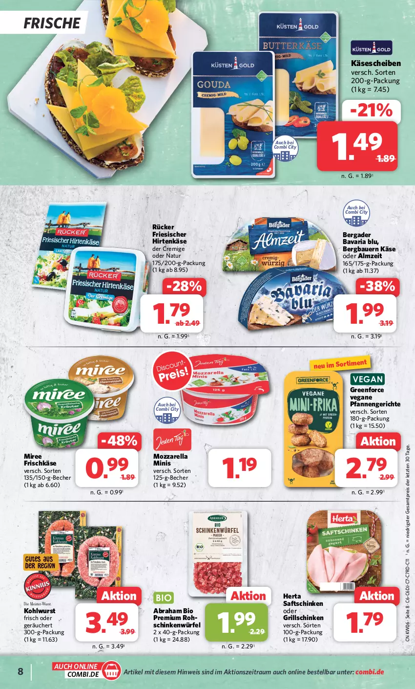 Aktueller Prospekt Combi - Prospekte - von 05.02 bis 10.02.2024 - strona 8 - produkty: auer, Bau, Bauer, bavaria blu, Becher, bergader, bio, eis, friesischer hirtenkäse, frischkäse, grill, herta, hirtenkäse, Käse, käsescheiben, miree, mozzarella, natur, pfanne, pfannen, reis, rel, Ria, rohschinken, saft, saftschinken, schinken, Ti, würfel, wurst, ZTE