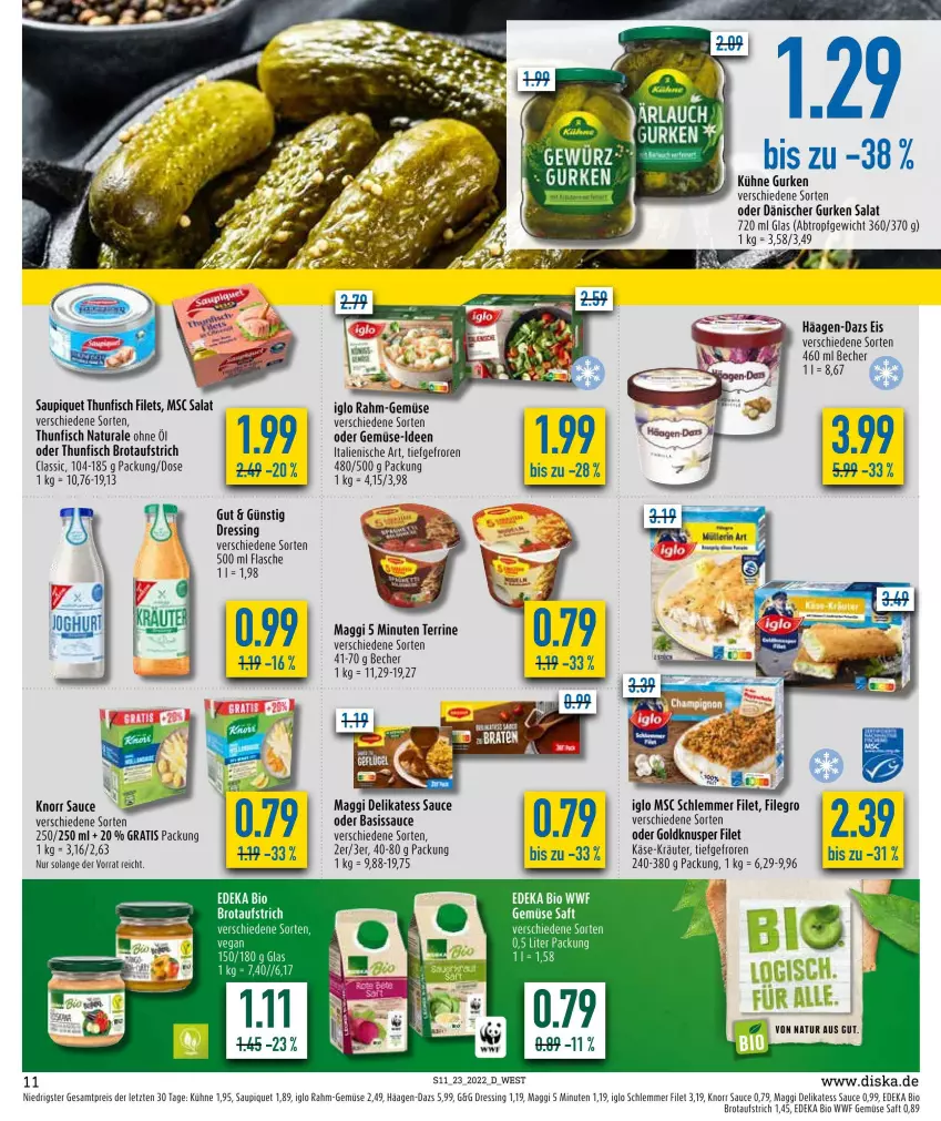 Aktueller Prospekt Diska - Prospekte - von 07.06 bis 11.06.2022 - strona 11 - produkty: aufstrich, Becher, bio, Brei, brot, brotaufstrich, deka, delikatess sauce, dressing, edeka bio, eis, elle, filegro, filet, filets, fisch, flasche, gurke, gurken, häagen-dazs, iglo, Käse, knorr, kräuter, Kühne, maggi, natur, natura, rahm-gemüse, reis, saft, salat, sauce, saupiquet, terrine, thunfisch, thunfisch filets, Ti, ZTE