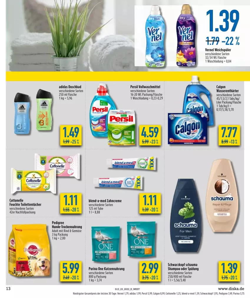 Aktueller Prospekt Diska - Prospekte - von 07.06 bis 11.06.2022 - strona 13 - produkty: Adidas, Bad, blend-a-med, calgon, cottonelle, creme, duschbad, eis, elle, flasche, katzennahrung, LG, pedigree, persil, purina, reis, rind, schauma, schwarzkop, schwarzkopf, shampoo, shampoo oder spülung, spülung, tücher, vernel, vollwaschmittel, waschmittel, wasser, wasserenthärter, weichspüler, zahncreme, ZTE