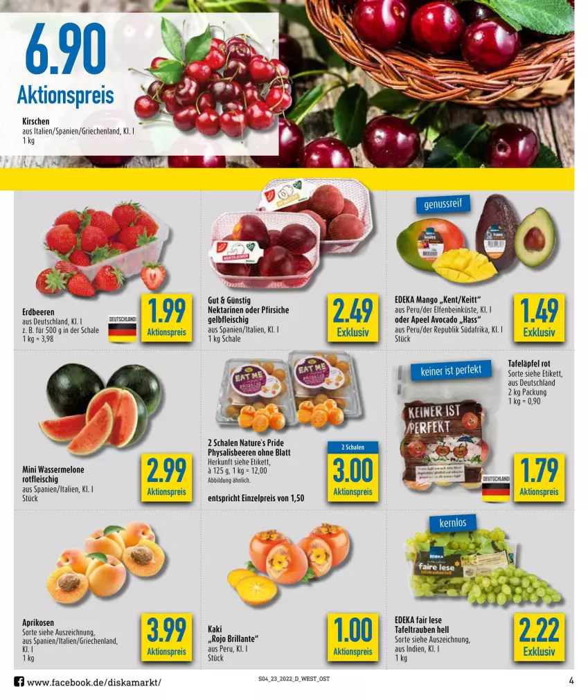 Aktueller Prospekt Diska - Prospekte - von 07.06 bis 11.06.2022 - strona 4 - produkty: aktionspreis, aprikose, aprikosen, avocado, beere, beeren, deka, eis, erdbeere, erdbeeren, erde, fleisch, kirsch, kirsche, kirschen, mango, melone, natur, Nektar, nektarinen, nektarinen oder, oder pfirsiche, pfirsich, pfirsiche, Physalis, reis, Schal, Schale, tafeläpfel, tafeltrauben, tee, Ti, trauben, wasser, wassermelone