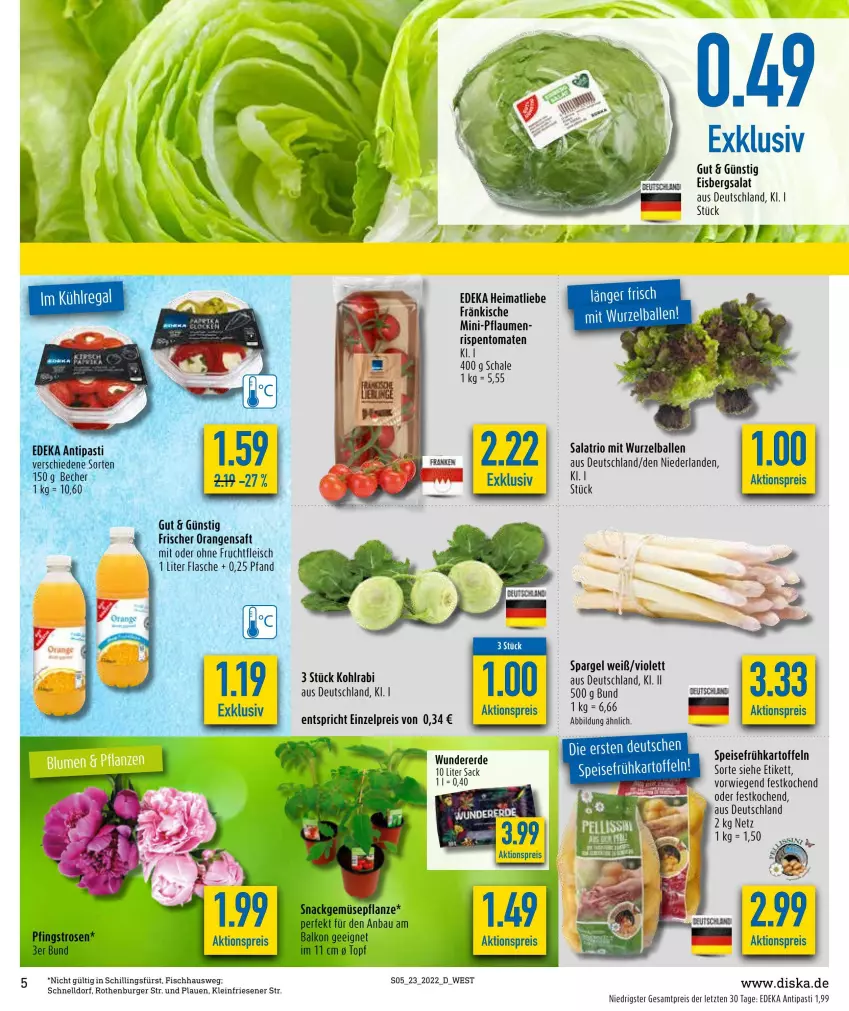 Aktueller Prospekt Diska - Prospekte - von 07.06 bis 11.06.2022 - strona 5 - produkty: aktionspreis, antipasti, asti, ball, Bau, Becher, burger, deka, eis, eisbergsalat, erde, fisch, flasche, fleisch, frucht, fruchtfleisch, Frühkartoffeln, kartoffel, kartoffeln, kohlrabi, orange, orangen, orangensaft, Pfingstrosen, pflanze, pflaume, pflaumen, reis, rispentomaten, rosen, sac, saft, salat, Schal, Schale, snack, spargel, speisefrühkartoffeln, Ti, tomate, tomaten, topf, ZTE