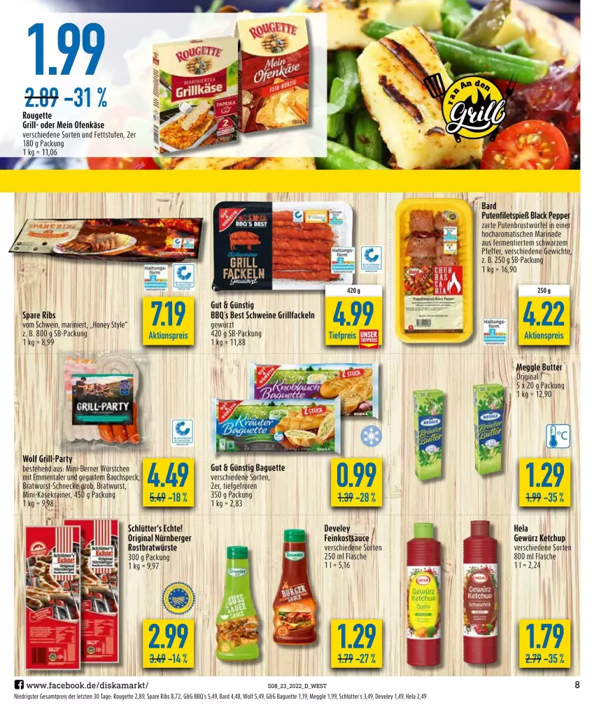 Aktueller Prospekt Diska - Prospekte - von 07.06 bis 11.06.2022 - strona 8 - produkty: aktionspreis, baguette, Bau, Berger, bratwurst, develey, eis, emmentaler, feinkost, filet, filets, flasche, gewürz, gin, grill, grillfackeln, Hela, Käse, Käsekrainer, ketchup, lack, marinade, meggle, nürnberger, Ofen, Ofenkäse, pfeffer, pute, putenbrust, reis, rouge, rougette, sauce, schwein, schweine, spare ribs, Speck, Ti, tisch, wein, weine, würfel, wurst, würstchen, ZTE